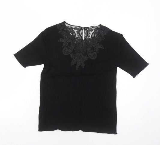 Zara Womens Black Viscose Basic Blouse Size M Round Neck - Lace Details