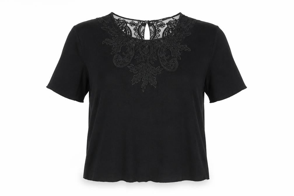 Zara Womens Black Viscose Basic Blouse Size M Round Neck - Lace Details