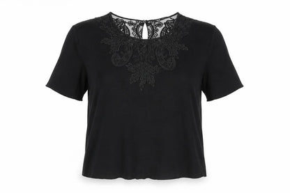 Zara Womens Black Viscose Basic Blouse Size M Round Neck - Lace Details
