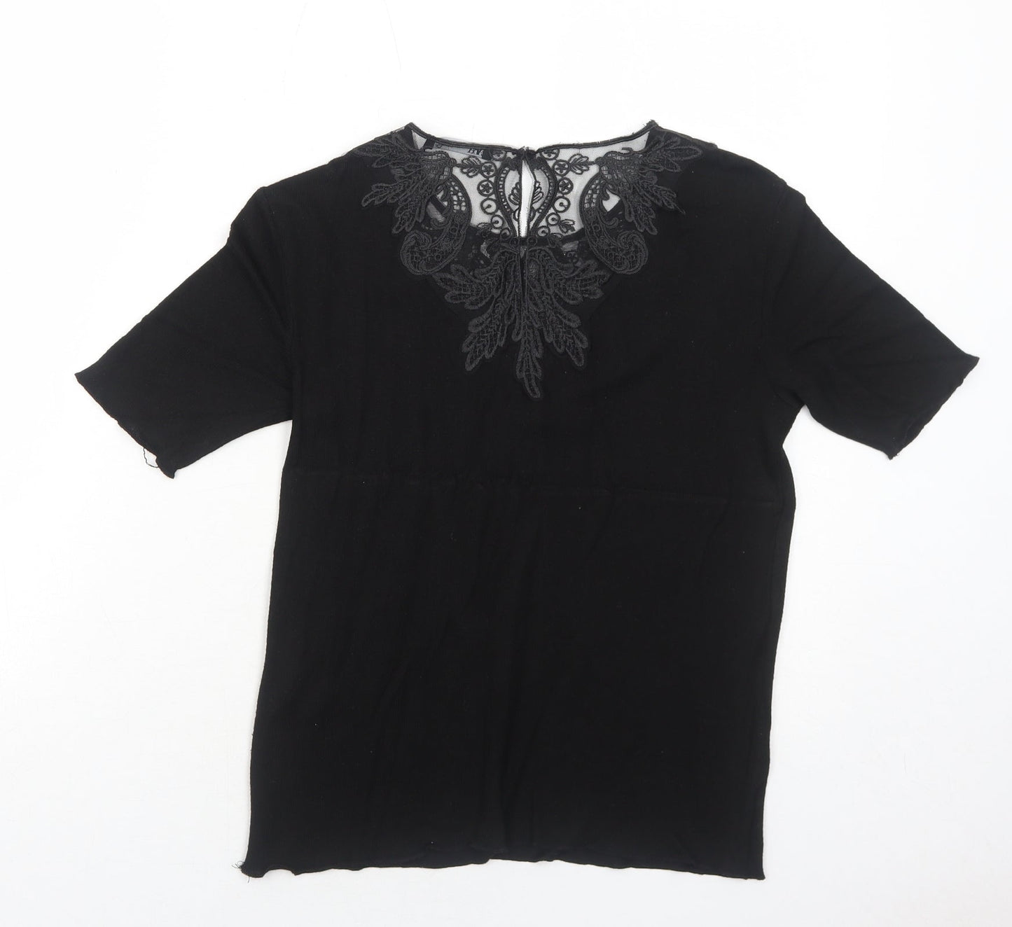 Zara Womens Black Viscose Basic Blouse Size M Round Neck - Lace Details