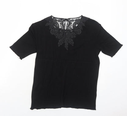 Zara Womens Black Viscose Basic Blouse Size M Round Neck - Lace Details
