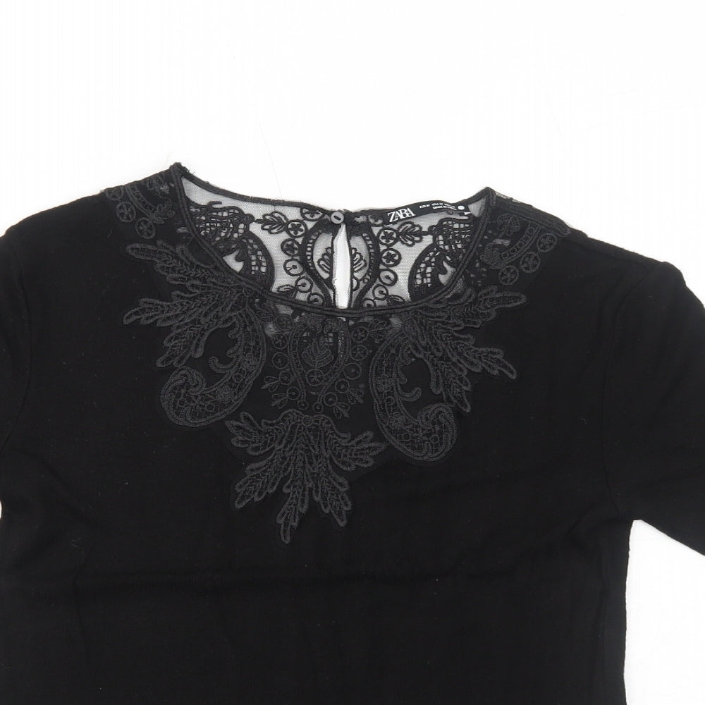 Zara Womens Black Viscose Basic Blouse Size M Round Neck - Lace Details