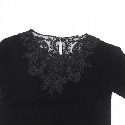 Zara Womens Black Viscose Basic Blouse Size M Round Neck - Lace Details