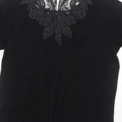 Zara Womens Black Viscose Basic Blouse Size M Round Neck - Lace Details