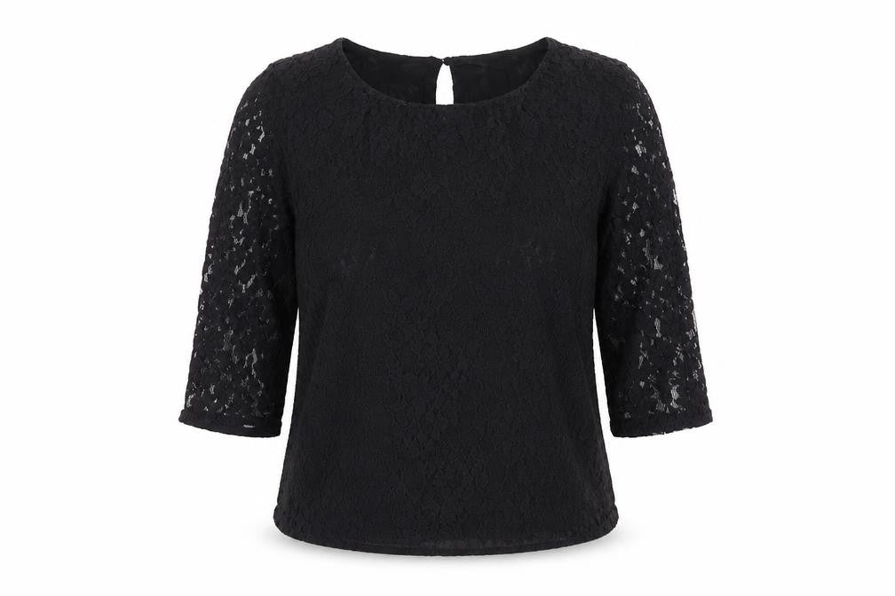 Mango Womens Black Geometric Polyester Basic Blouse Size S Round Neck
