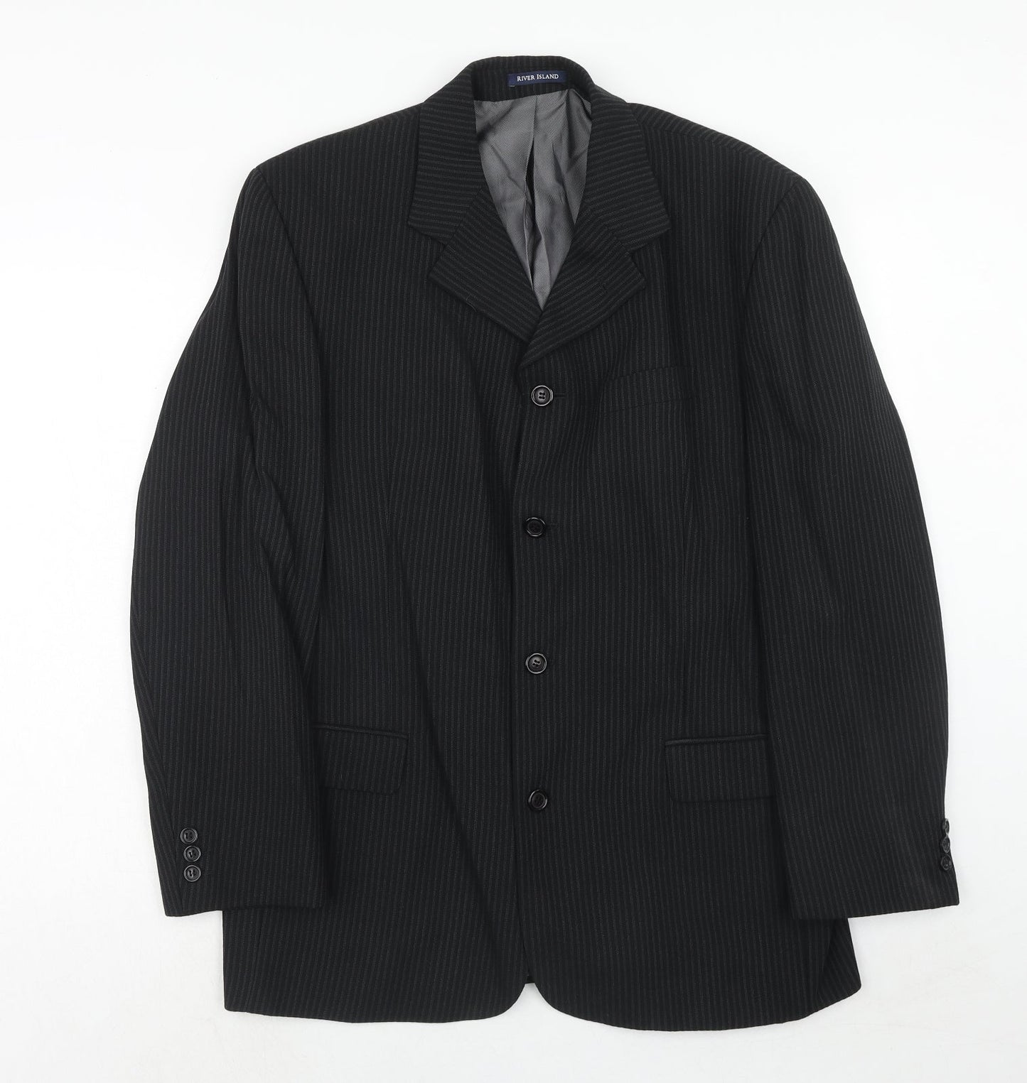 River Island Mens Black Striped Wool Jacket Suit Jacket Size 42 Regular