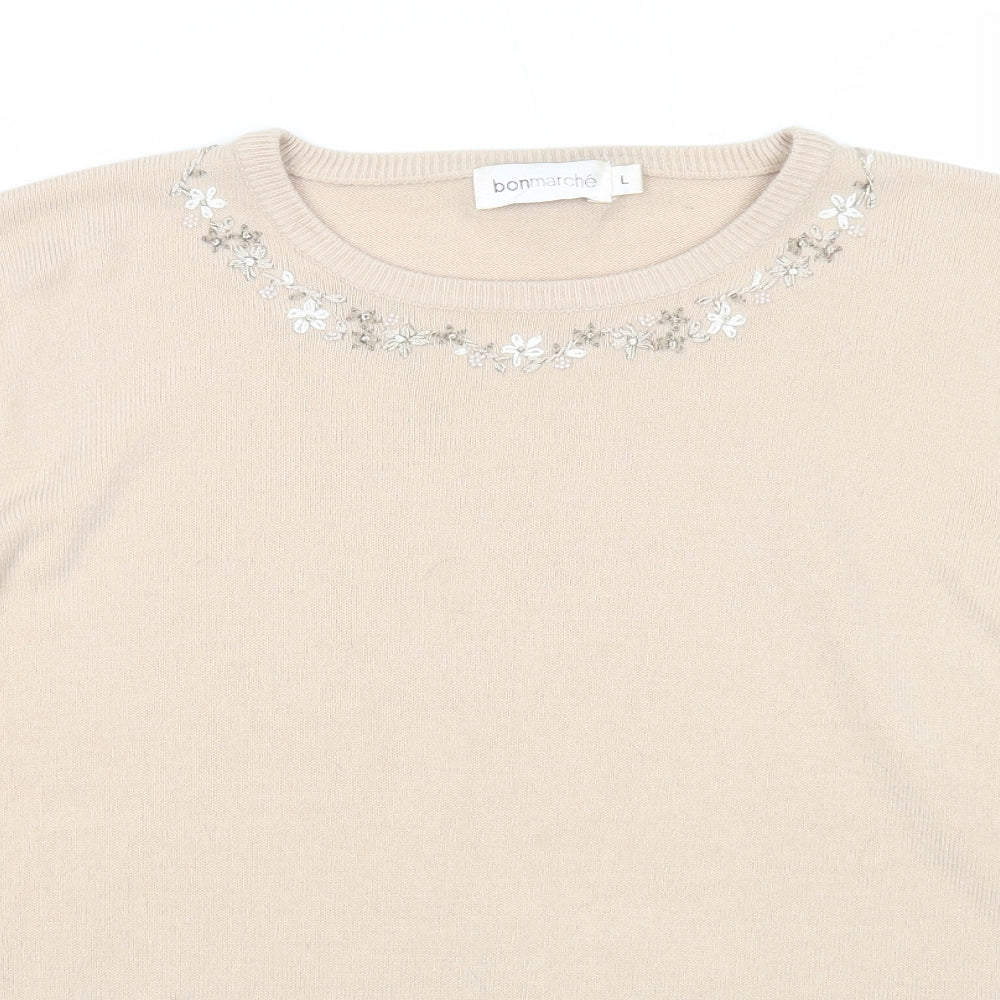 Bonmarché Womens Beige Round Neck Acrylic Pullover Jumper Size L