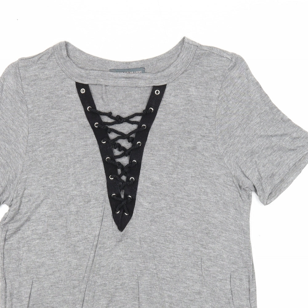 West Coast Love Womens Grey Viscose Basic T-Shirt Size S Round Neck - Lace Up Front