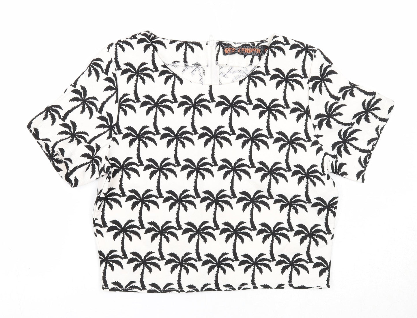 QED London Womens White Geometric Polyester Basic T-Shirt Size 10 Round Neck - Palm Tree