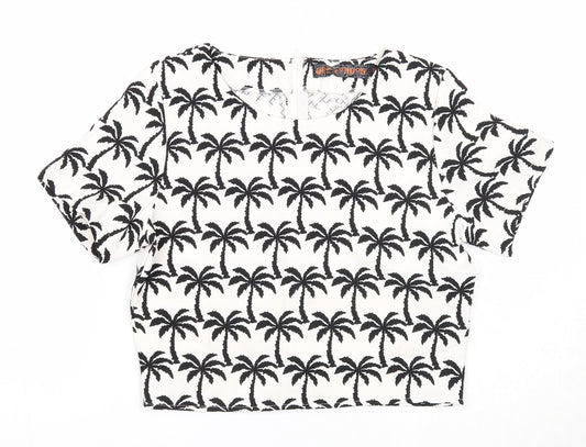 QED London Womens White Geometric Polyester Basic T-Shirt Size 10 Round Neck - Palm Tree