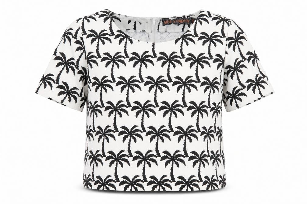 QED London Womens White Geometric Polyester Basic T-Shirt Size 10 Round Neck - Palm Tree