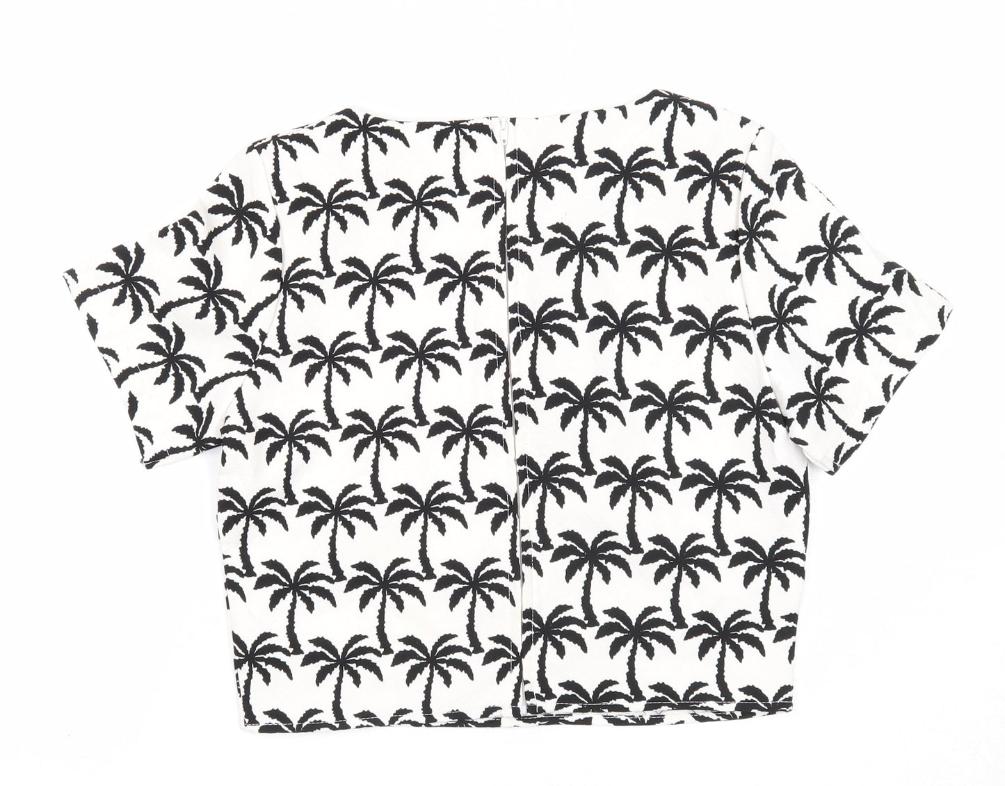 QED London Womens White Geometric Polyester Basic T-Shirt Size 10 Round Neck - Palm Tree