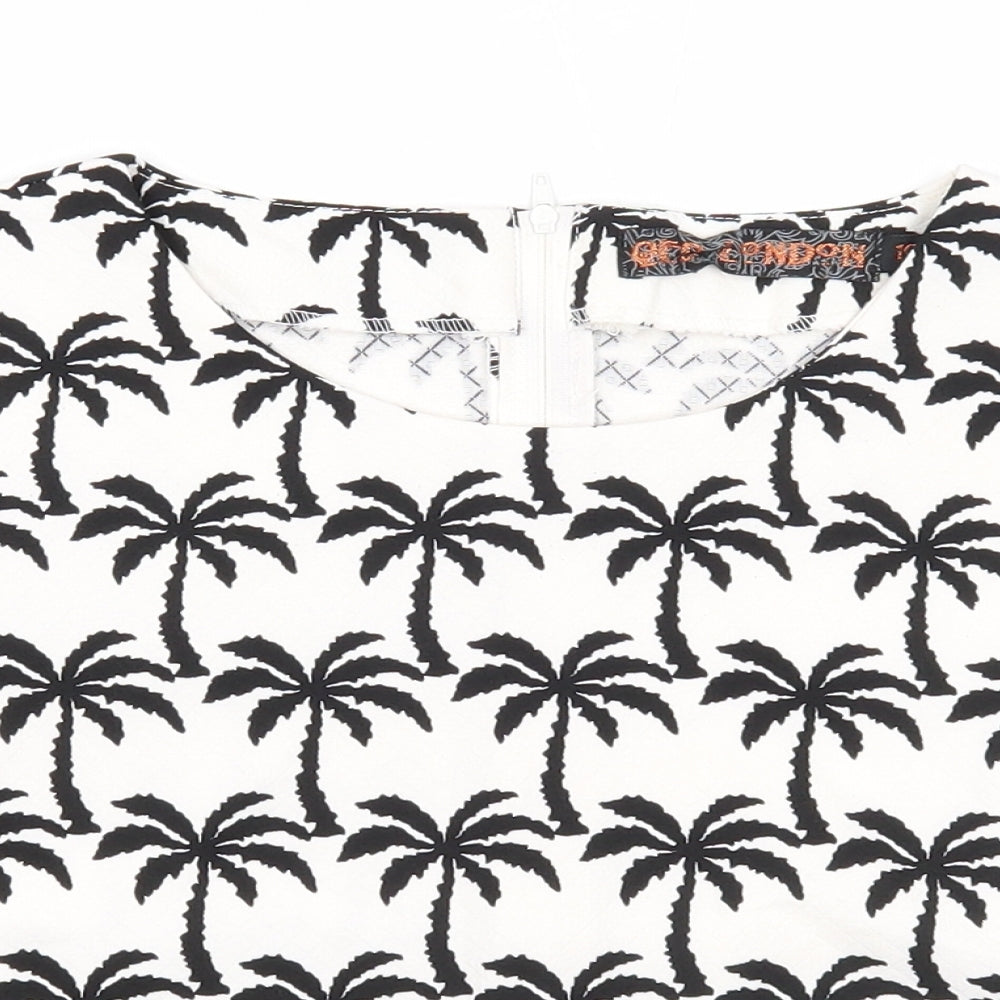 QED London Womens White Geometric Polyester Basic T-Shirt Size 10 Round Neck - Palm Tree