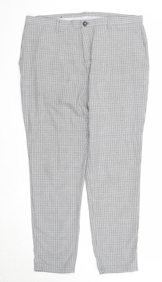 Zara Womens Grey Check Polyester Chino Trousers Size 16 Regular Zip