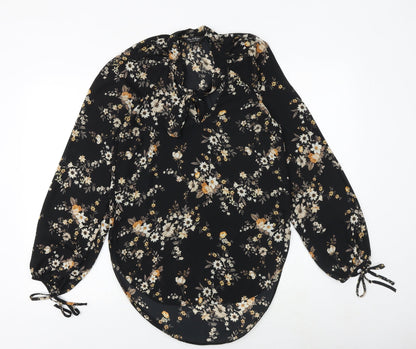 Miss Selfridge Womens Black Floral Polyester Basic Blouse Size 6 Round Neck