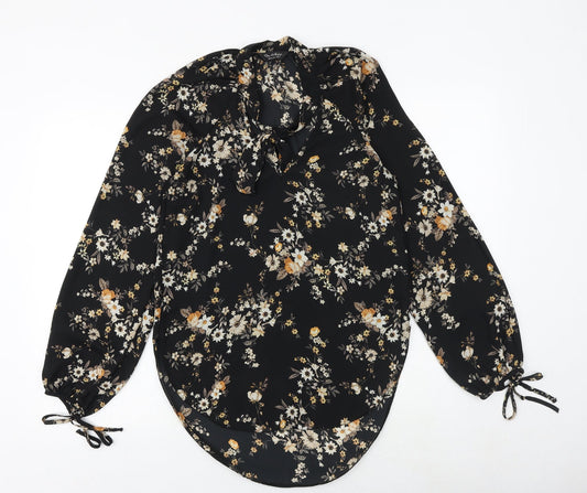 Miss Selfridge Womens Black Floral Polyester Basic Blouse Size 6 Round Neck