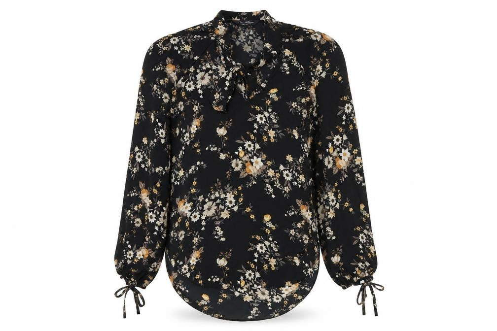 Miss Selfridge Womens Black Floral Polyester Basic Blouse Size 6 Round Neck