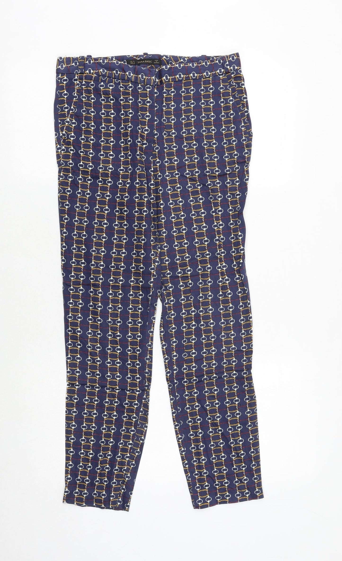 Zara Womens Blue Geometric Polyester Chino Trousers Size 8 Regular Zip