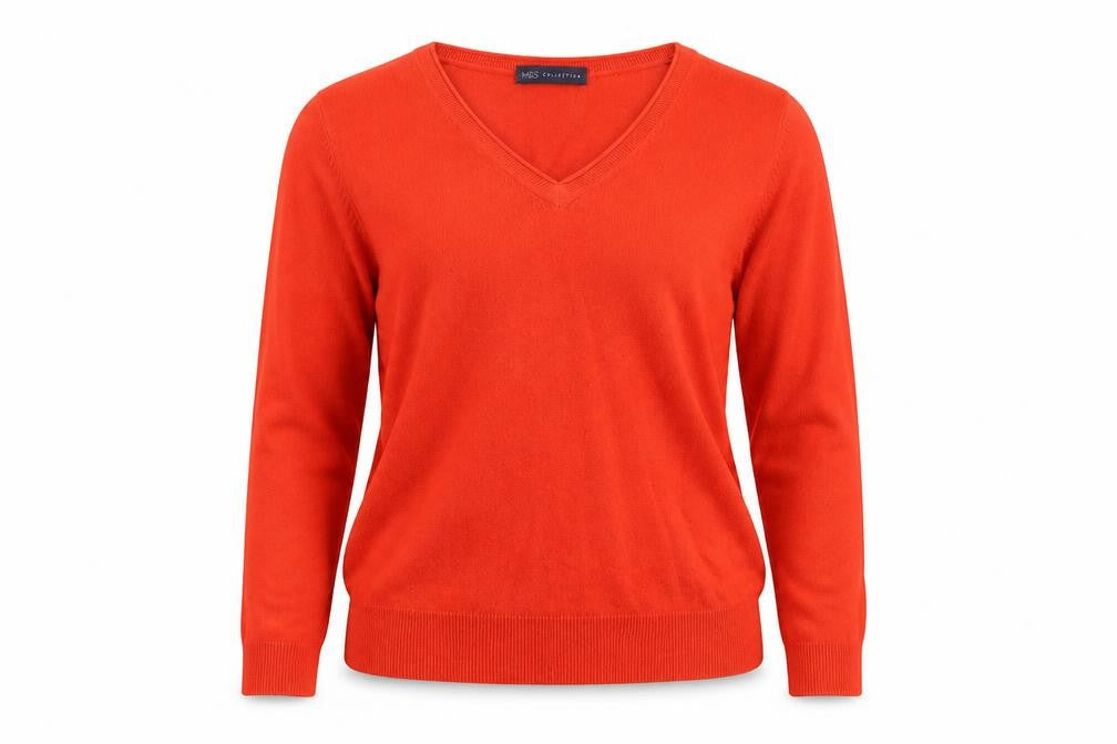 Marks & Spencer Womens Red V-Neck Acrylic Pullover Jumper Size 14
