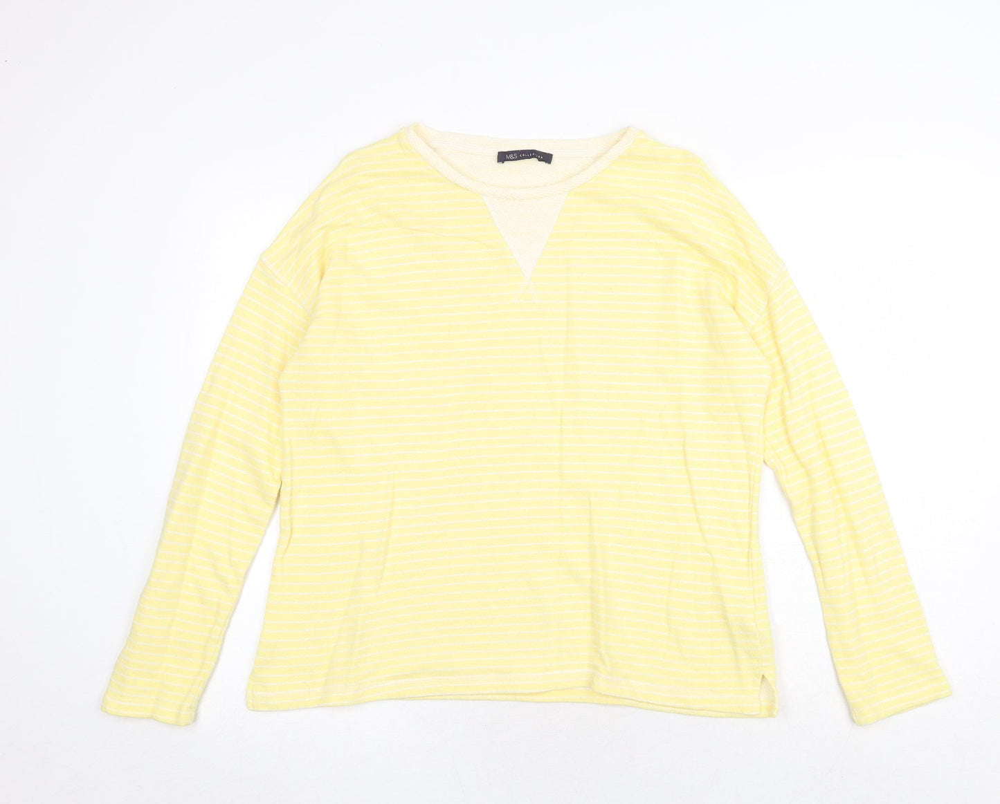 Marks and Spencer Womens Yellow Round Neck Striped Cotton Pullover Jumper Size 12