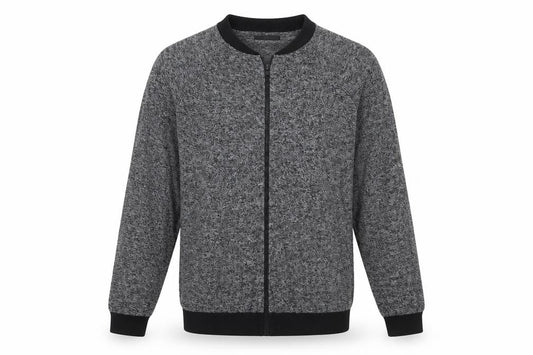 Front view of ASOS men’s grey round neck polyester full zip jumper, size L, long sleeve zip