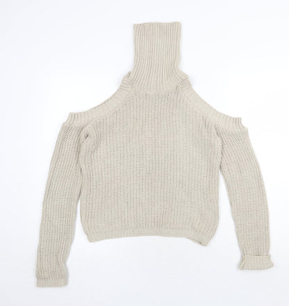 Additional front view of Missguided women’s beige high neck acrylic jumper, size S, pullover