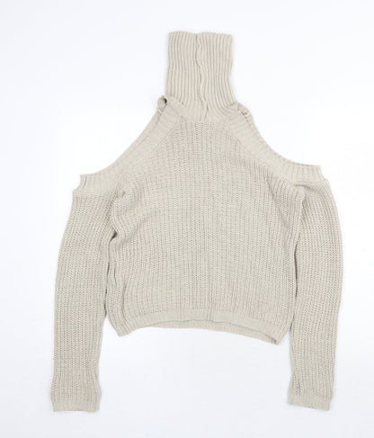 Back view of Missguided women’s beige high neck acrylic jumper, size S, pullover