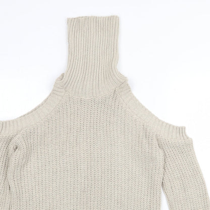 Close-up detail of Missguided women’s beige high neck acrylic jumper, size S, pullover