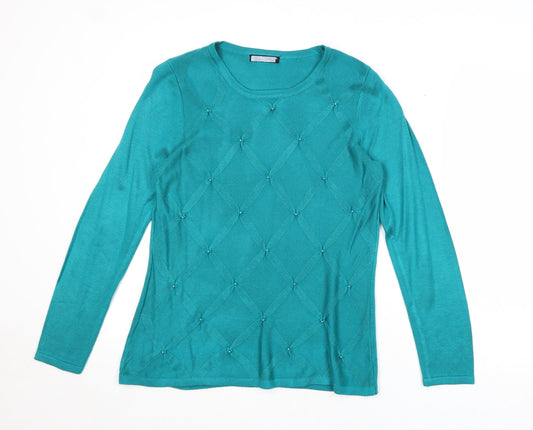 Bonmarché Womens Blue Round Neck Argyle/Diamond Acrylic Pullover Jumper Size XS