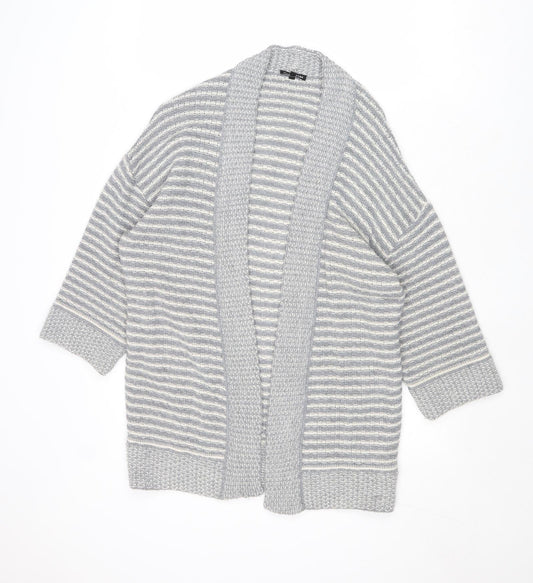 Warehouse Womens Grey V-Neck Striped Acrylic Cardigan Jumper Size S
