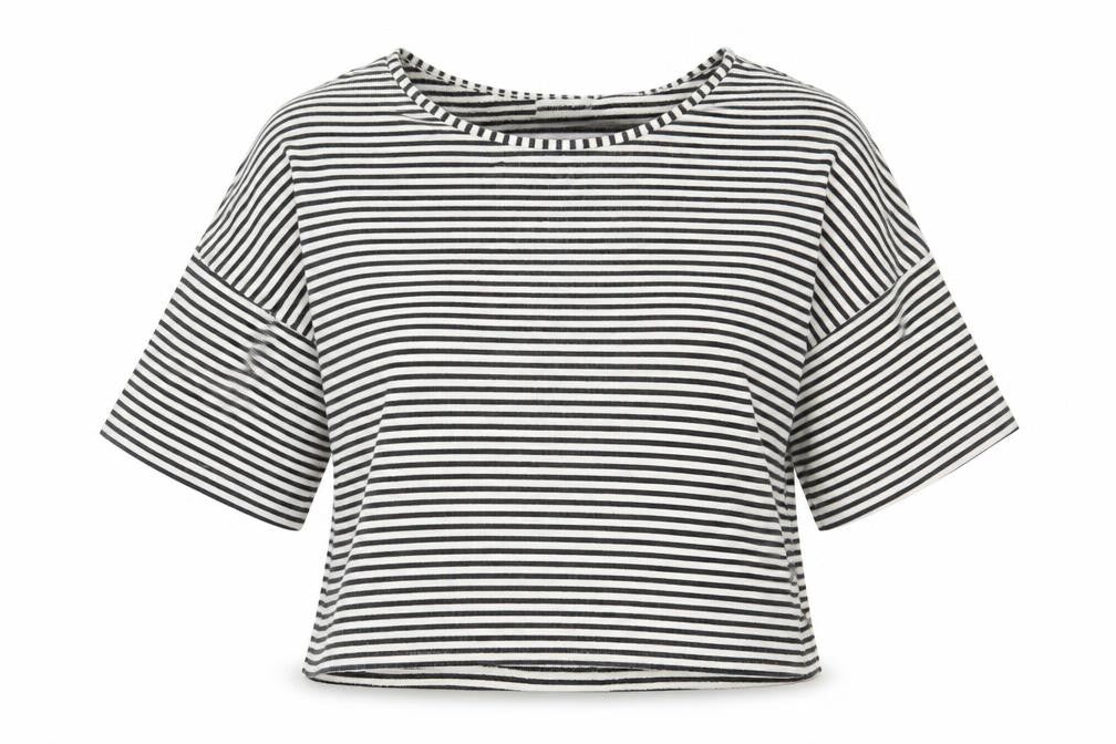 Cooperative Womens Black Striped Polyester Basic T-Shirt Size S Round Neck