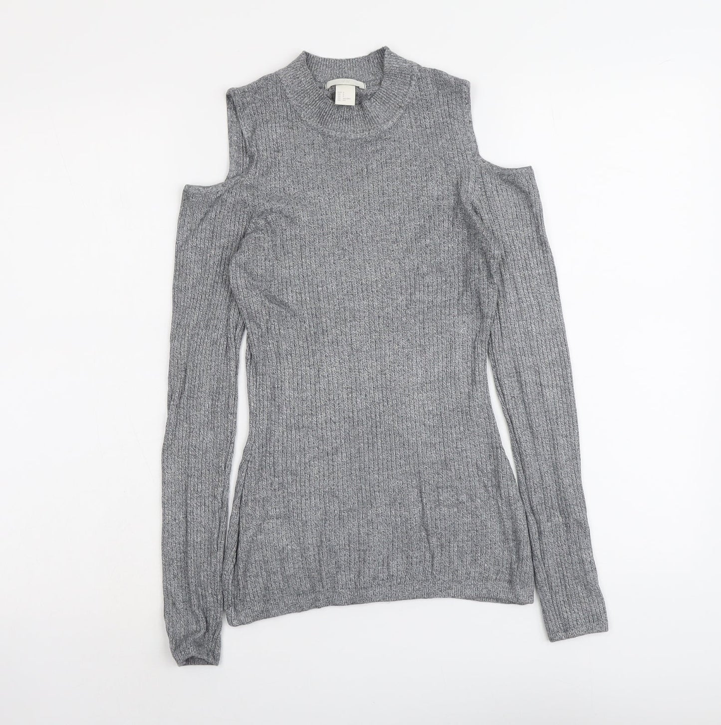 H&M Womens Grey Round Neck Viscose Pullover Jumper Size S - Cold Shoulder