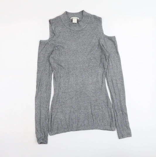 H&M Womens Grey Round Neck Viscose Pullover Jumper Size S - Cold Shoulder