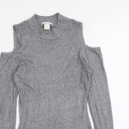H&M Womens Grey Round Neck Viscose Pullover Jumper Size S - Cold Shoulder
