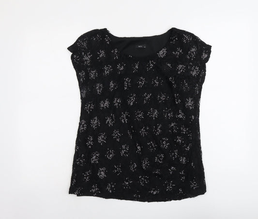 M&Co Womens Black Geometric Nylon Basic Blouse Size 12 Round Neck