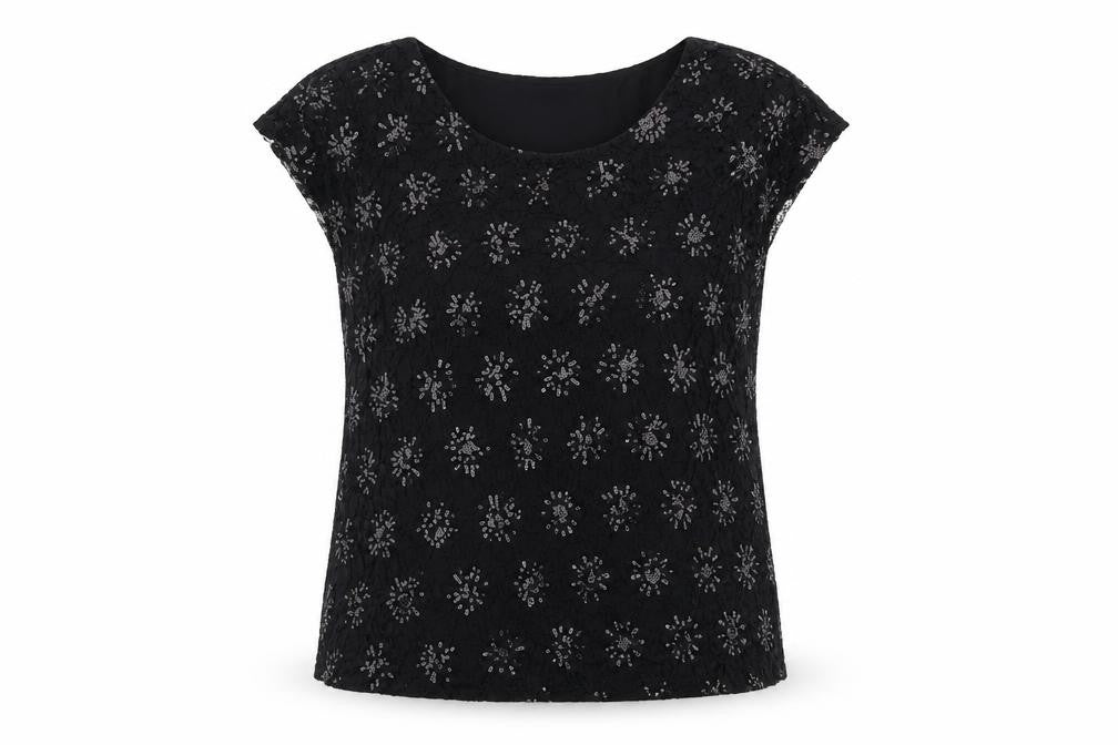 M&Co Womens Black Geometric Nylon Basic Blouse Size 12 Round Neck
