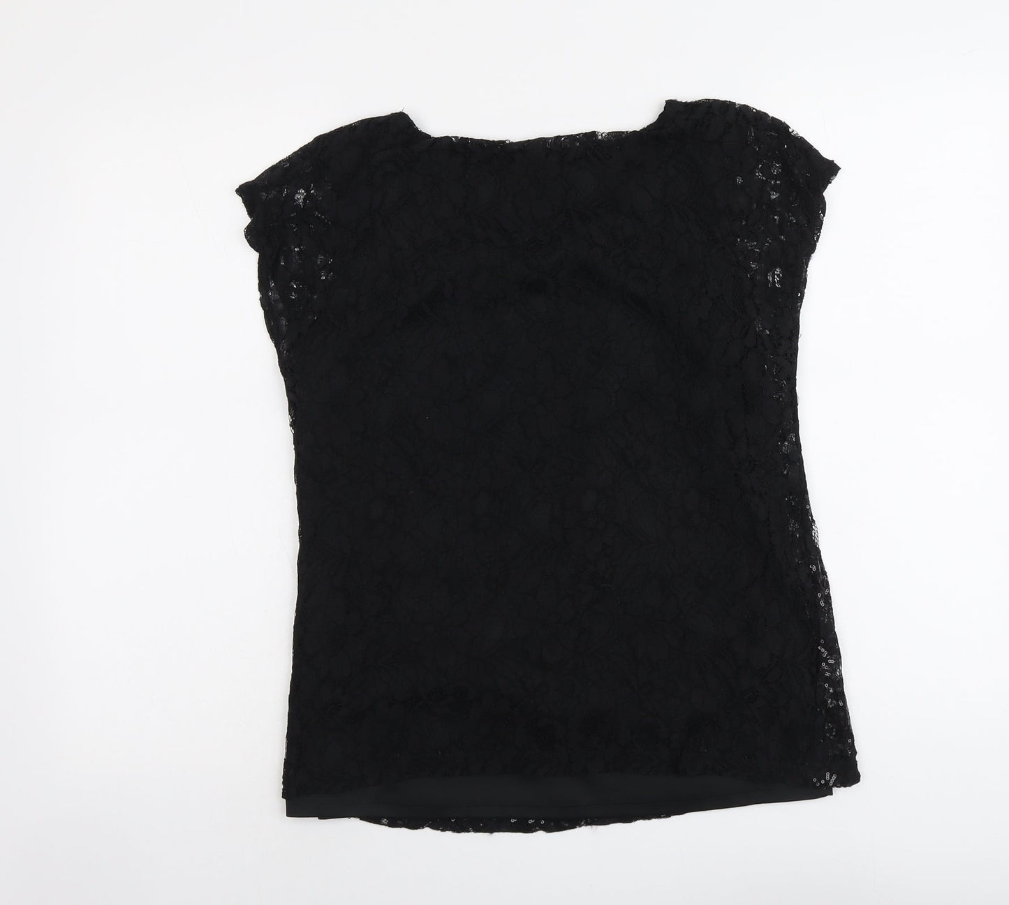 M&Co Womens Black Geometric Nylon Basic Blouse Size 12 Round Neck