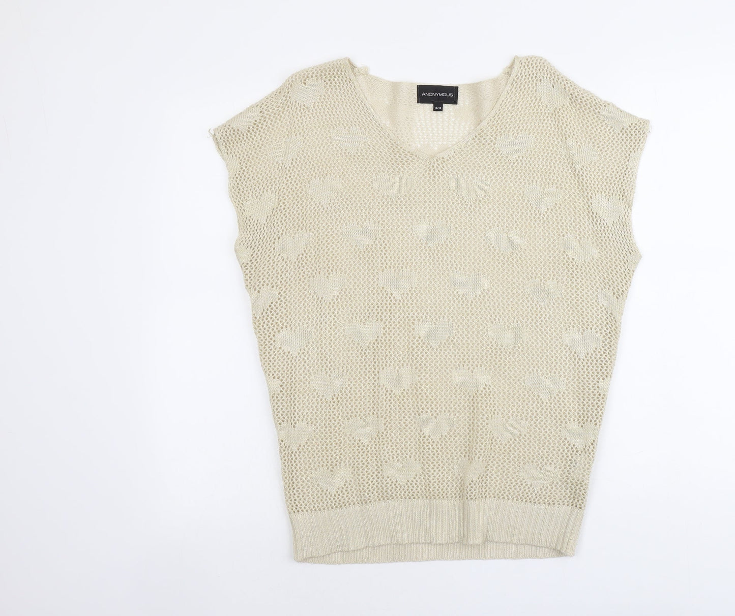 Anonymous Womens Beige V-Neck Acrylic Pullover Jumper Size 16 - Heart