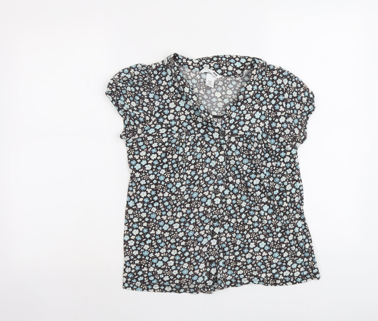 H&M Womens Blue Floral Cotton Basic Button-Up Size M V-Neck
