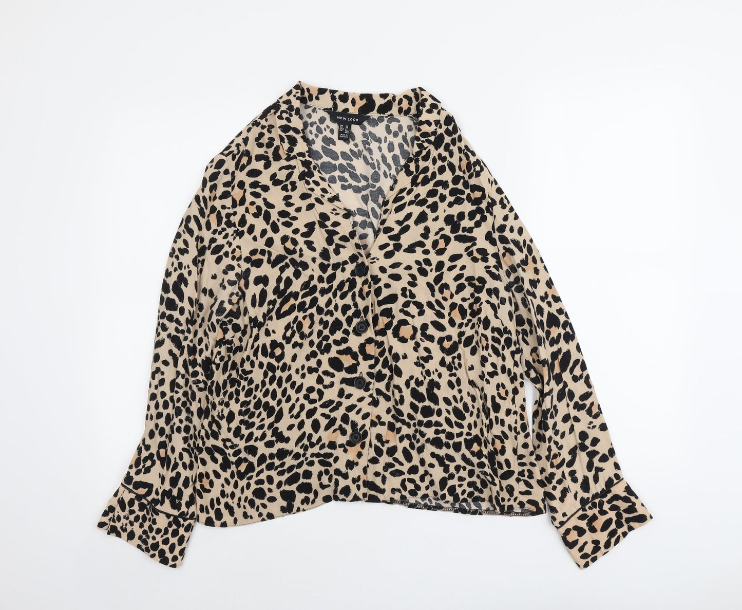 New Look Womens Beige Animal Print Polyester Basic Button-Up Size 10 Collared - Leopard Pattern