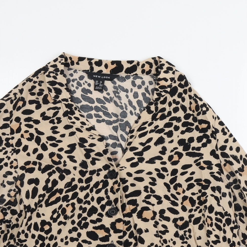 New Look Womens Beige Animal Print Polyester Basic Button-Up Size 10 Collared - Leopard Pattern