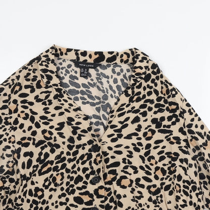New Look Womens Beige Animal Print Polyester Basic Button-Up Size 10 Collared - Leopard Pattern
