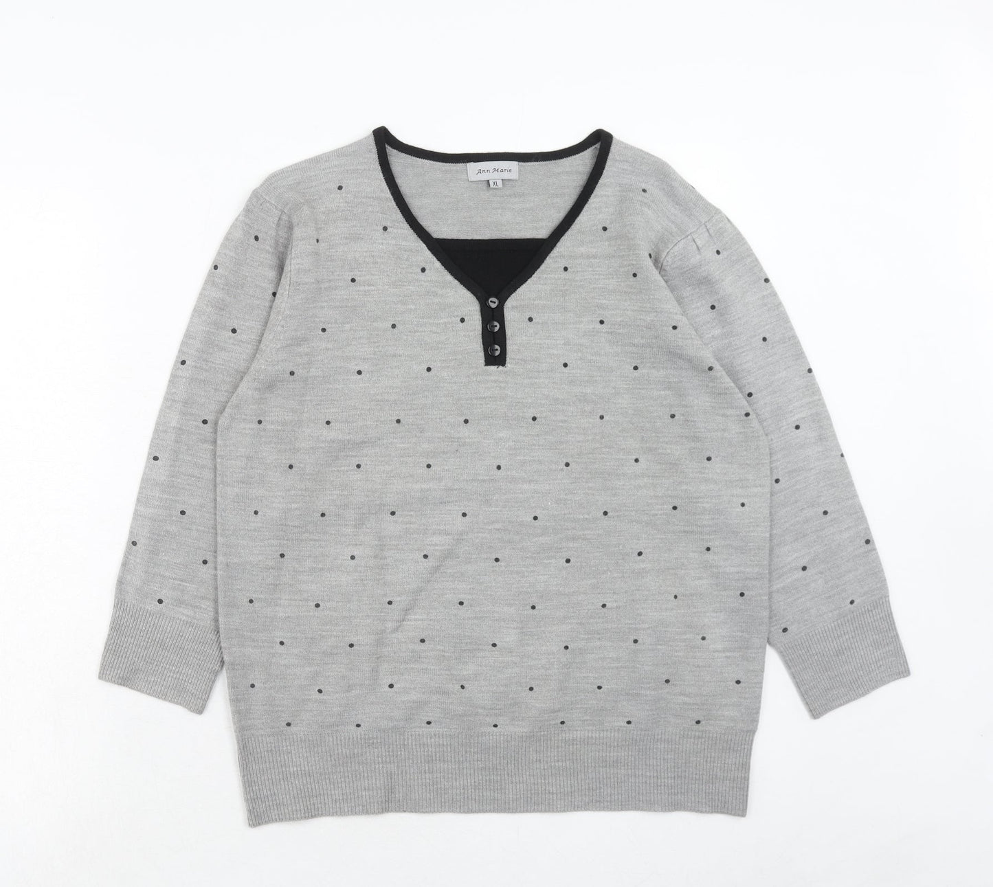 Ann Marie Womens Grey V-Neck Plaid Acrylic Pullover Jumper Size XL