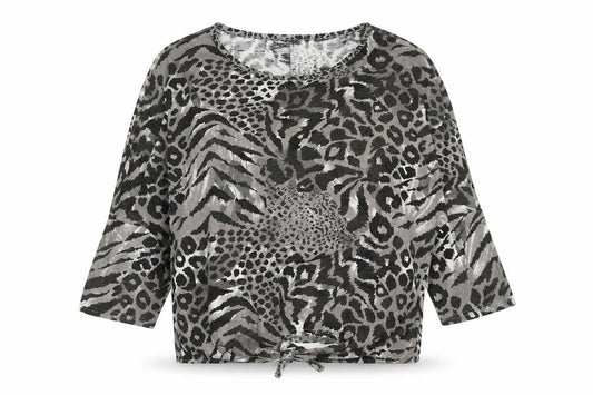 BHS Girls Grey Animal Print Viscose Basic T-Shirt Size 16 Years Round Neck Pullover - Knot Front