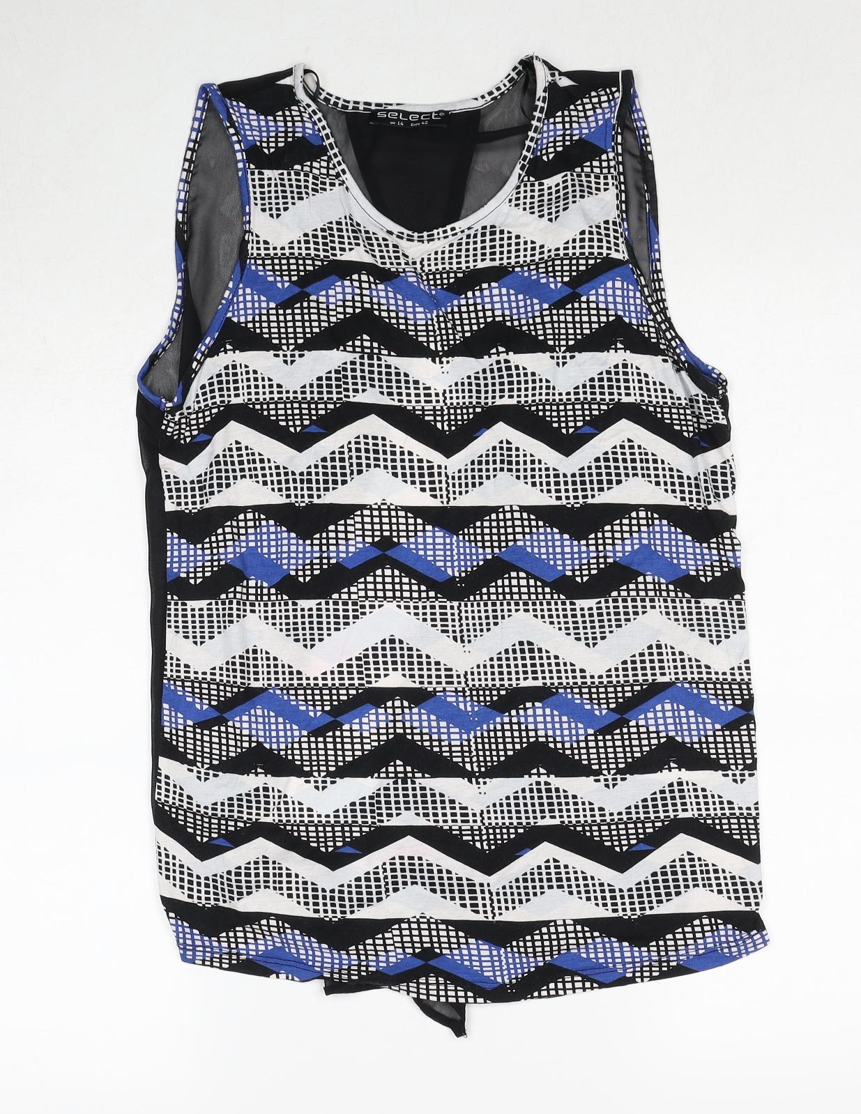 Select Womens Black Geometric Polyester Basic Tank Size 14 Round Neck - Open Back