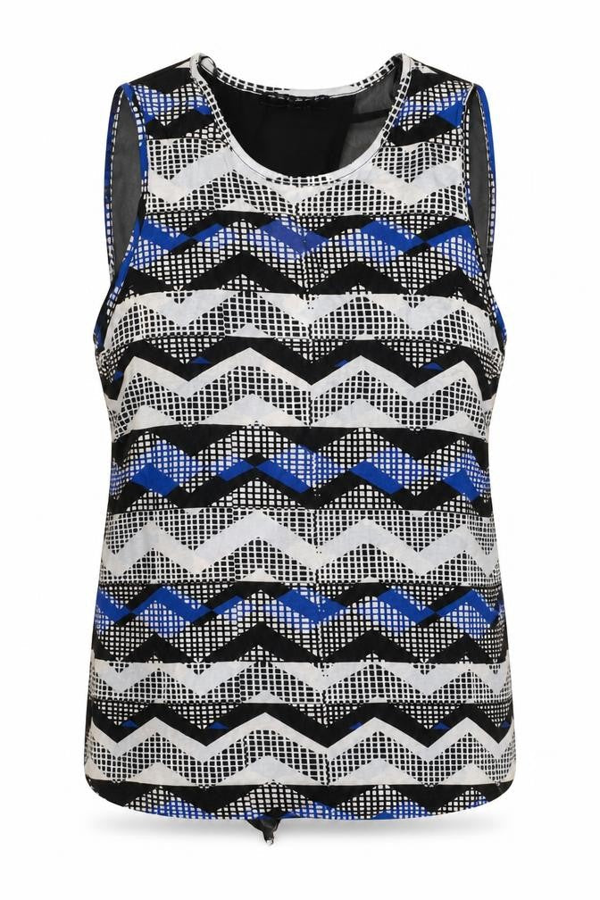 Select Womens Black Geometric Polyester Basic Tank Size 14 Round Neck - Open Back