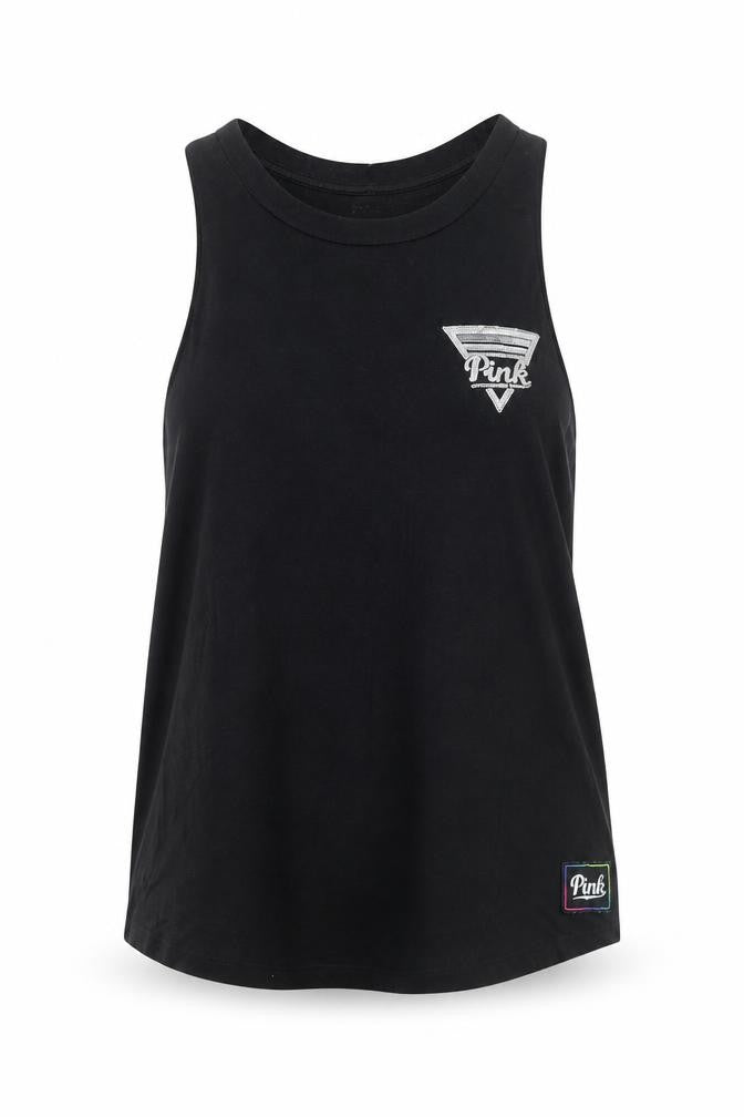 PINK Womens Black Cotton Basic Tank Size S Round Neck