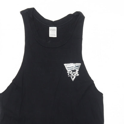 PINK Womens Black Cotton Basic Tank Size S Round Neck