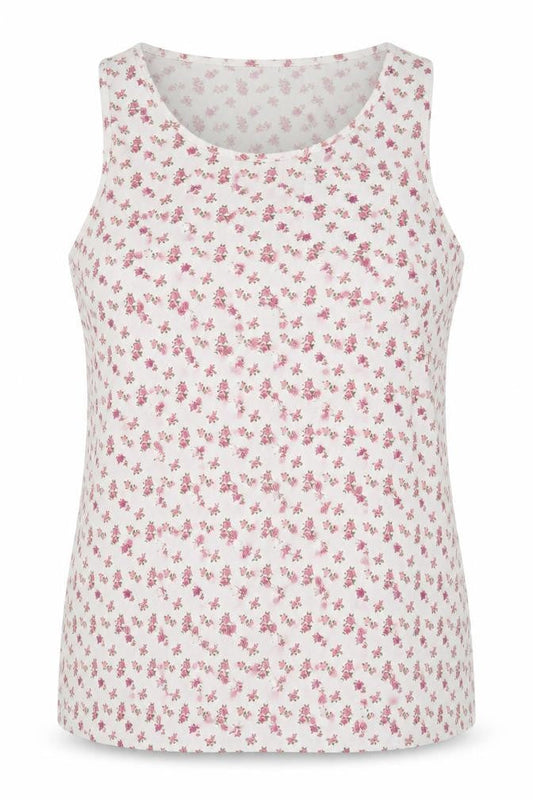 Bella Beau Womens White Floral Polyester Basic Tank Size XL Round Neck