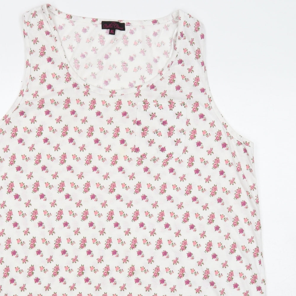 Bella Beau Womens White Floral Polyester Basic Tank Size XL Round Neck